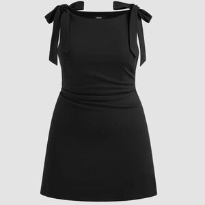 New Cider Black 2xl Boat Neck Solid Ruched Bowknot Mini Dress